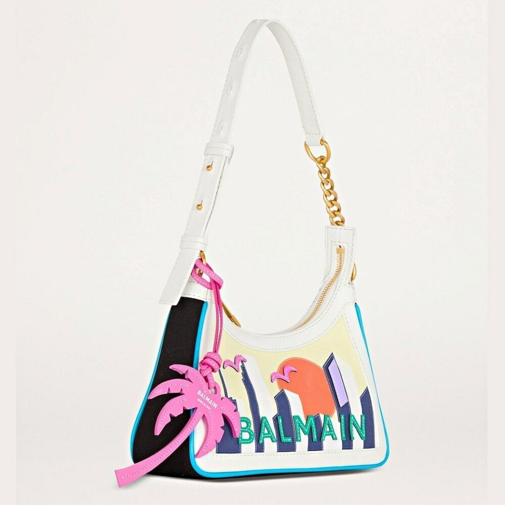 Balmain B-Army Postcard Canvas & Leather Shoulder Hobo Bag (Msrp $1,850)